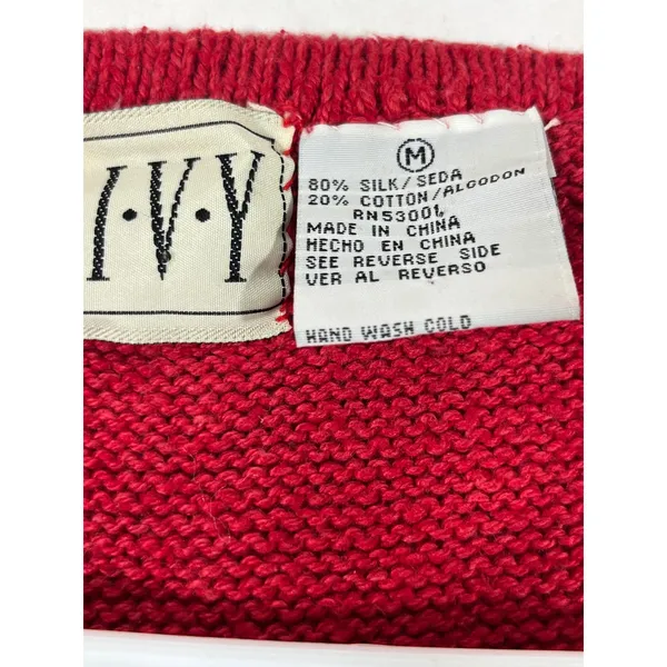 IVY Vintage Beaded Knit Sweater Vest Womens M Red Floral Whipstitch V-Neck Artsy - Image 11