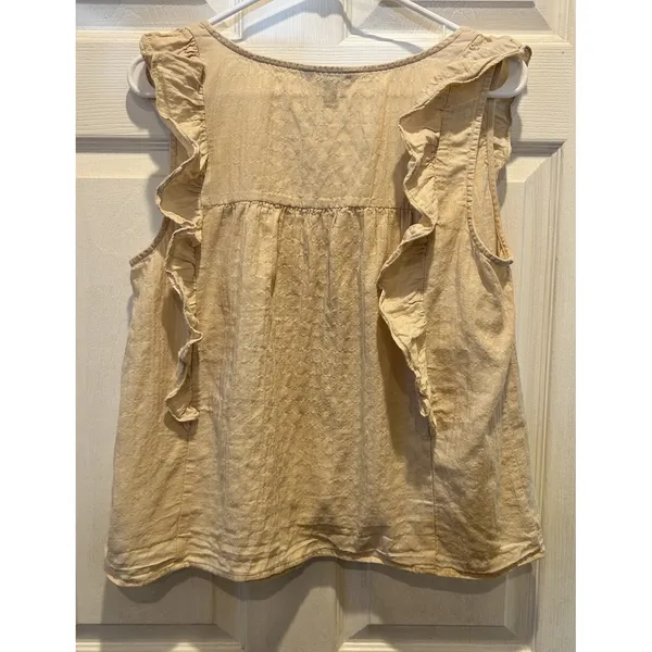 Express‎ Womens Beige Ruffle Button Front Pintuck Sleeveless Blouse Top L Boho - Image 4
