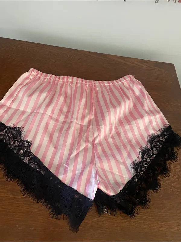 Women's Pink Stripe Satin Sleep Shorts with Black Lace Trim small - Image 2