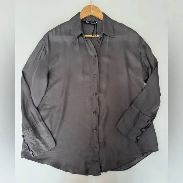Zara Button Down Shirt Long Sleeve‎ Collared Blouse Top Gray Size M - Image 8