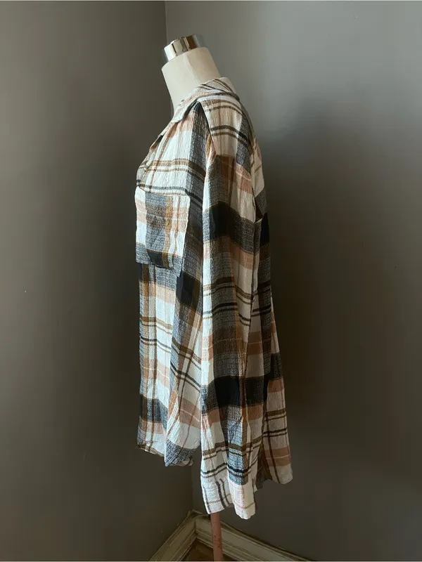 Pilcro Plaid Button-Down Shirt in Brown, Black & White - Image 2