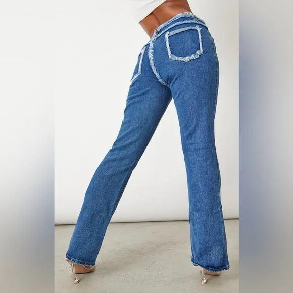 PrettyLittleThing Flare Low Rise Jeans Womens‎ 6 Dark Wash Distressed Y2K Retro - Image 3