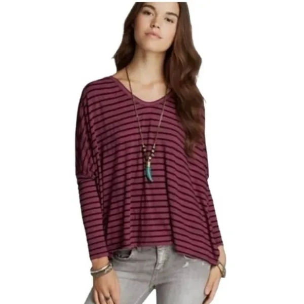 NEW We the Free People Stripe Tee Maroon Black Casual Slouchy Medium Top - Image 9