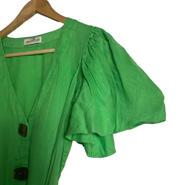 Nicholas Troy Green Linen Button Front Tie Waist Short Sleeve Dress Size 4 - Image 5