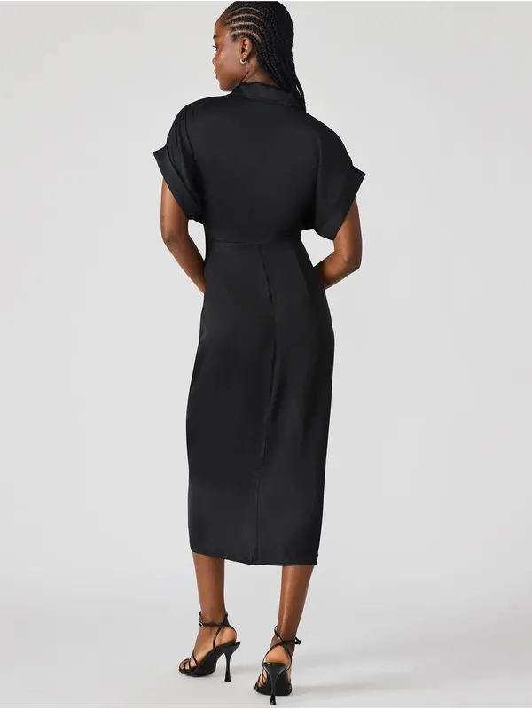 NWT Steve Madden Tori Black Satin Ruched Tie Waist Midi Dress Size 6 - Image 15
