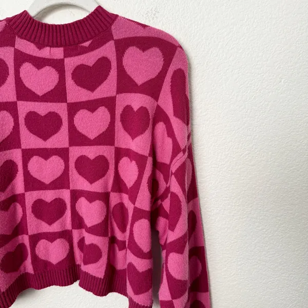 [Sincerely Jules] Pink Geometric Heart Print V-Neck Oversized Sweater Sz Medium - Image 7