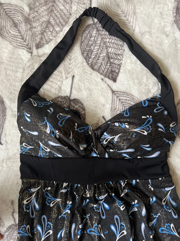 Y2k vintage blusón Black Halter Neck Print Dress with Blue Accents - Image 4