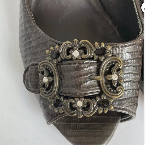 Antonio Melani Sz 6 Brown Buckle Snake Embossed Leather‎ Peep Toe Stiletto - Image 3