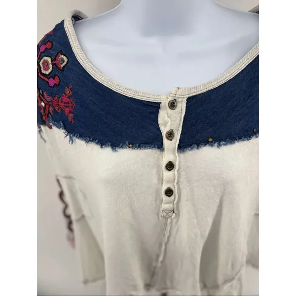 Free People We The Free Rio Henley Small Cream Navy Embroidered Indie Boho - Image 11