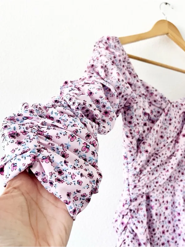 NICHOLAS Floral Ruched Mini Dress Size 4 Pink Purple Puff Sleeve Sweetheart - Image 4