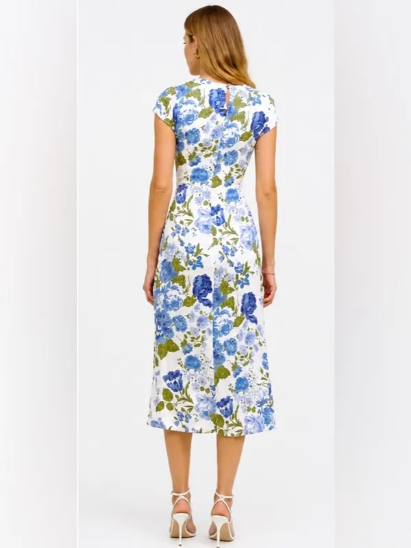 NWT Reformation Blue Floral Midi Dress Slit Ruched Cottagecore Wedding Guest - Image 2