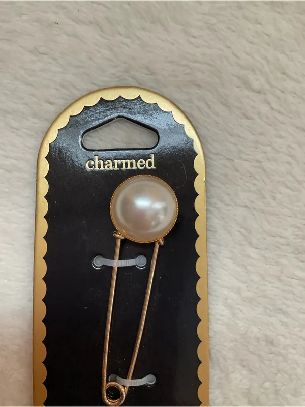 Charmed Faux Pearl Gold-Tone Safety Pin Brooch - Image 5