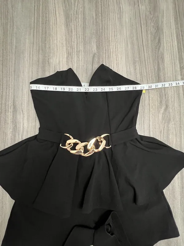 Strapless Black Peplum Romper with Gold Chain Detail - Image 6