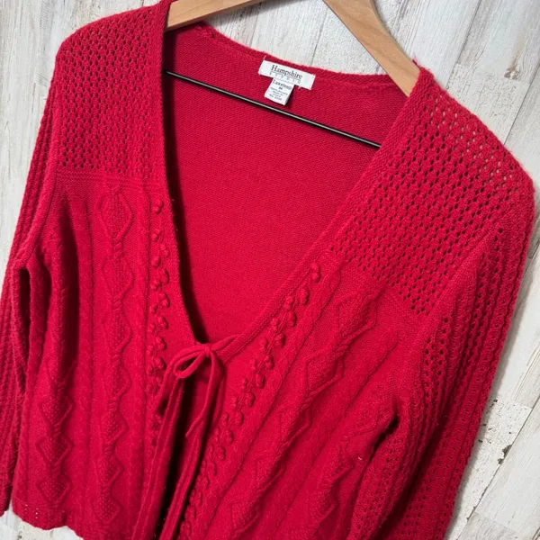 Vintage 90s Grandma Red Knit Acrylic Tie‎ Front Cardigan Sweater Womens Medium - Image 3
