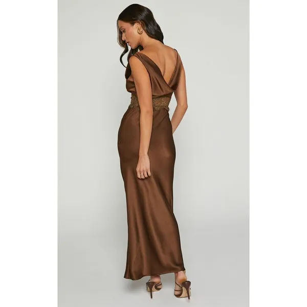 ✨Juliet Midi Dress - V Neck Lace Insert Satin Slip Sz 6 Dress In Chocolate✨ - Image 6