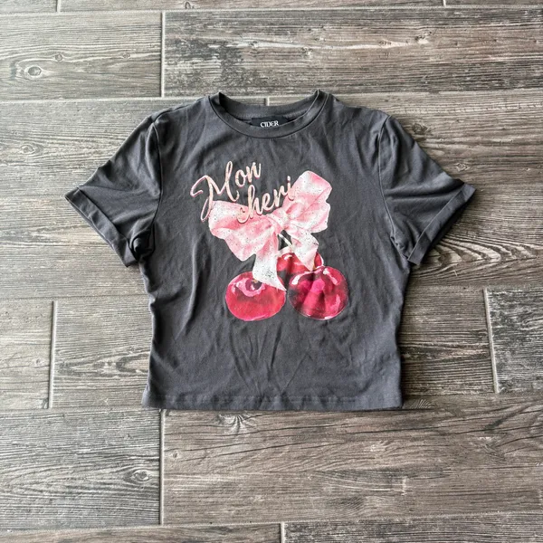Cider Round Neck Bowknot Cherry Graphic Cropped Top Tee - Image 3