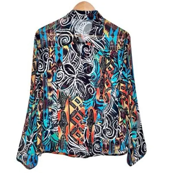 Chicos Womens Abstract 100% Silk Blouse Size 2/Large Multicolored Sheer Picasso - Image 3
