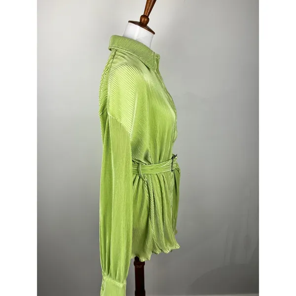 Thats So Fetch Lime Green Plisse Belted Mini Shirt Dress Size 4 - Image 10