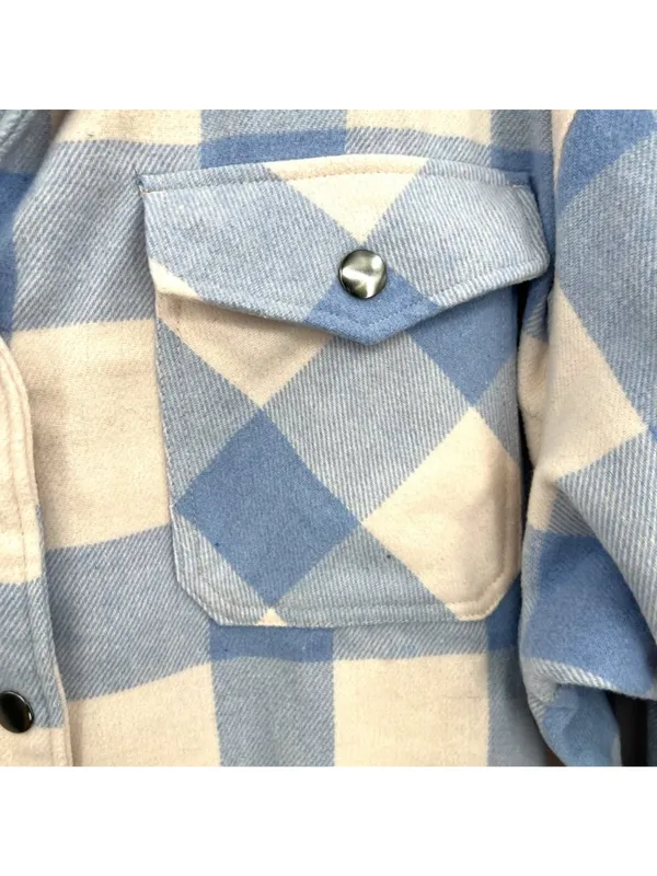 HFX Blue & Cream Plaid Long Sleeve Shacket Front Pockets Size Large - Image 5