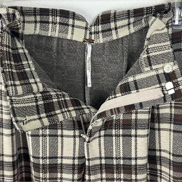 FREE PEOPLE Brown Cream Plaid High Rise Trouser Pants XS Boho Preppy Casual - Image 5