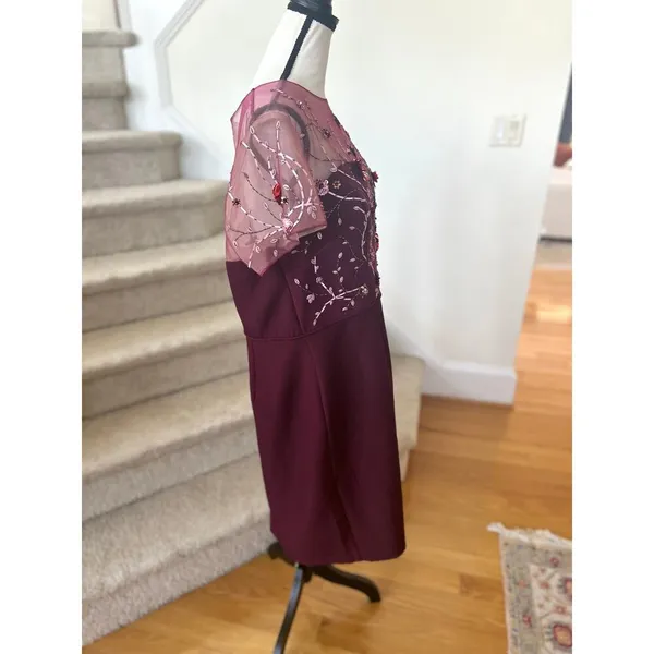 JS Collections Burgundy Red Floral Beaded Illusion Sheath Cocktail Dress - Image 4