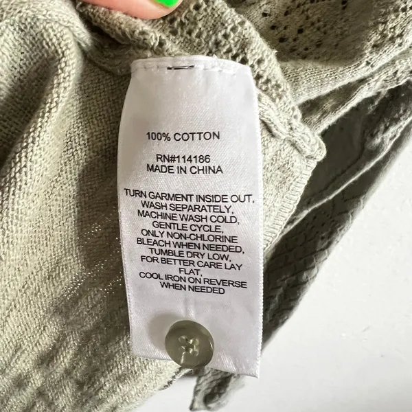 Frye Green Knit Pointelle Cardigan‎ Open Front Soft Classic Minimalist Medium - Image 4