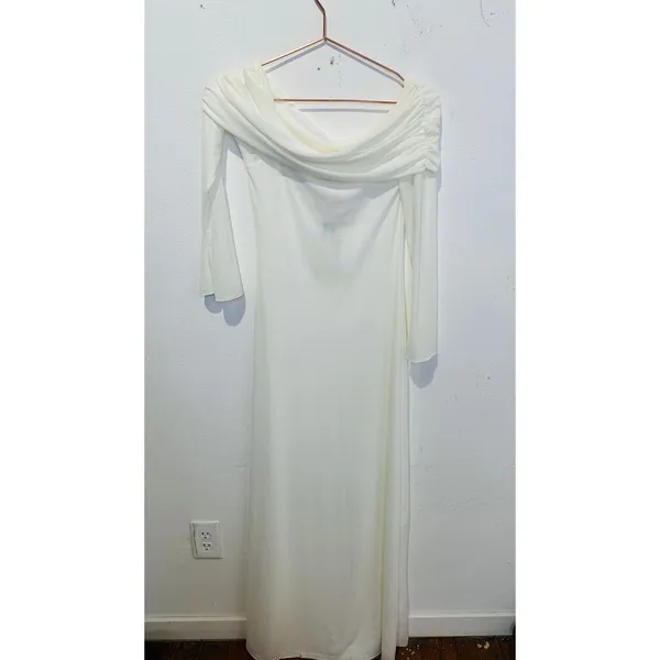 MESHKI Ivory White Josie Off Shoulder Mesh Fold Over Neckline Maxi Dress sz L - Image 2