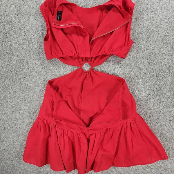 White Fox Cutout Ring Dress Womens L Red Sleeveless Mini Fit & Flare Ruffle Hem - Image 16