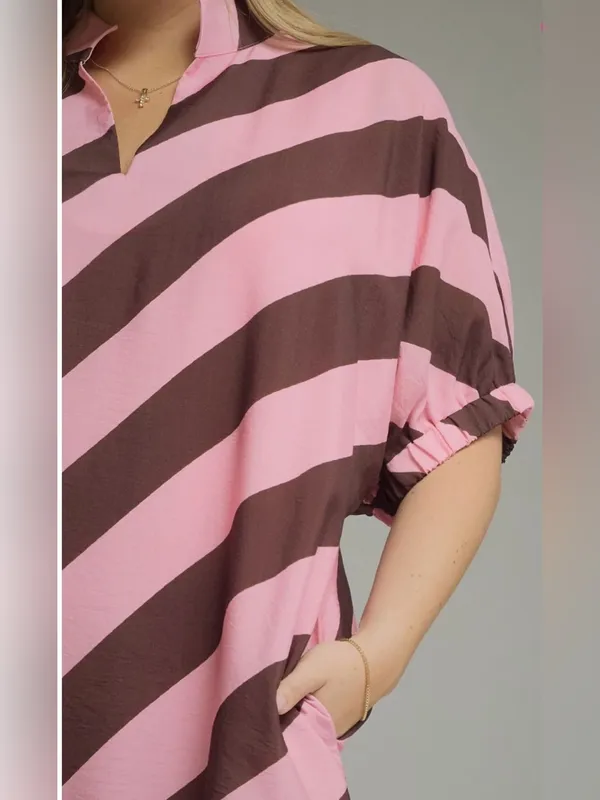 New!Entro Boutique Pink & Brown Pocket Diagonal Stripe Midi Dress Size 2X - Image 6