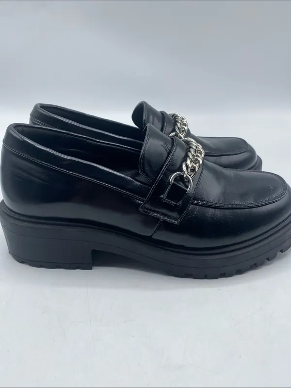 Yetier Black Platform Loafers Chunky Lug Sole Women's 7 Chain Detail Grunge - Image 3