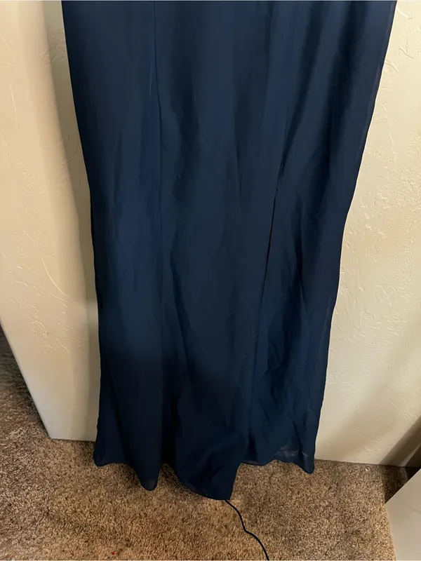 NWT JJs House Navy Blue Chiffon Off Shoulder Ruffle Front Slit Formal Maxi Dress - Image 4