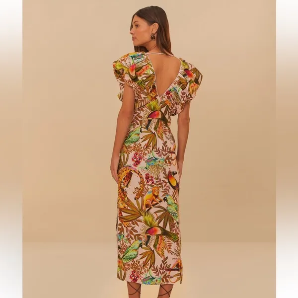 NWT Farm Rio Into The Jungle Premium Linen Midi Dress Pink XS - Image 2