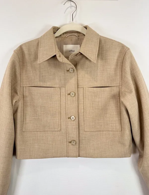 Aritzia Wilfred Womens Jacket Beige Little Cropped Button Up Crepette Stretch XS - Image 8