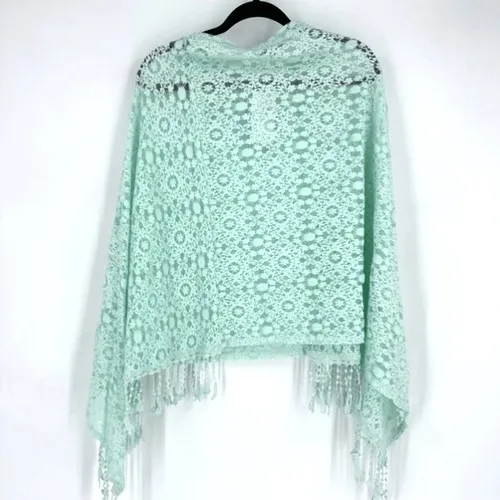 NWT Alberto Makali Mint Green‎ Lace Poncho Fringe Cape Boho Festival Sheer M - Image 3