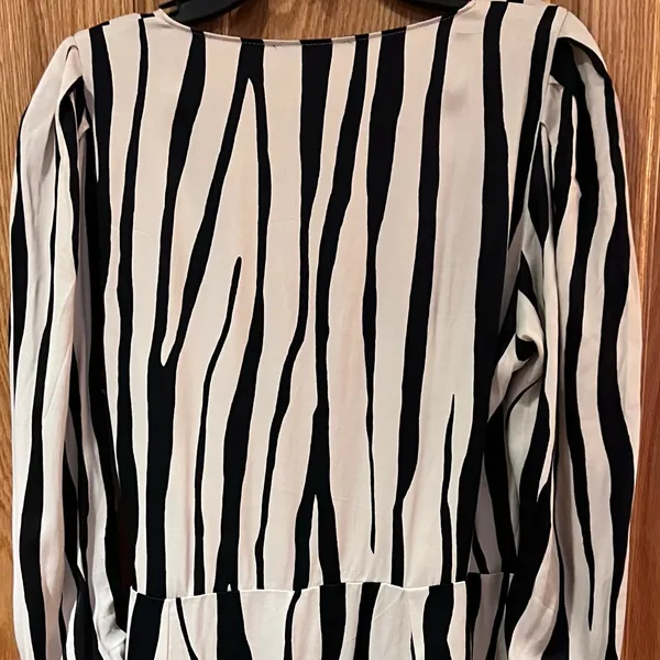 ZARA Zebra Print Satin Wrap Mini Dress w/‎ Tie Ruched Cuffs Black & Ecru Medium - Image 12