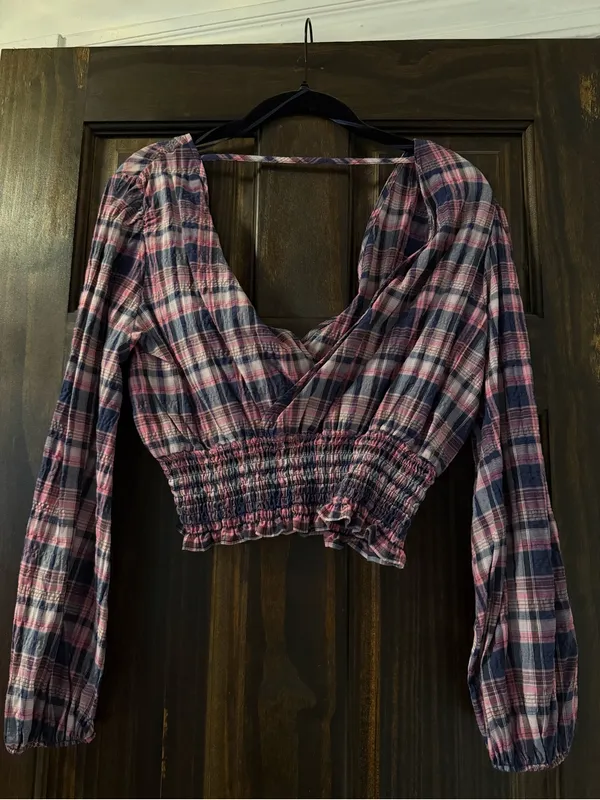 Zara Plaid Smocked-Waist Long Sleeve Top - Pink & Blue - Image 3