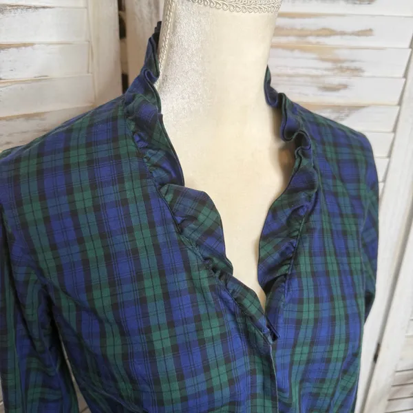 BROOKS BROTHERS Women's 8 Tartan Navy Plaid Long Sleeve Button Top Ruffle Neck - Image 7