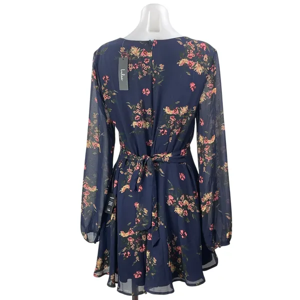 NEW Lulus Blue Floral Long Sleeve Mesh V Neck Button Fit & Flare Mini Dress Sz M - Image 3