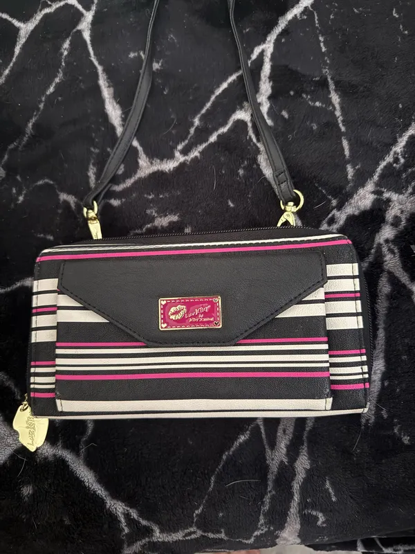 Betsey Johnson Black, White & Pink Striped Crossbody Wallet - Image 2
