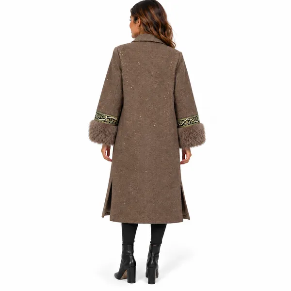NKN Nekane Womens Wool Blend Coat Sz Small Brown Herringbone Faux Fur Old Money - Image 2
