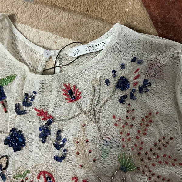 Zara Floral Embroidered Mesh Peplum Top Womens XS Ivory Sequin Sheer Boho Blouse - Image 4