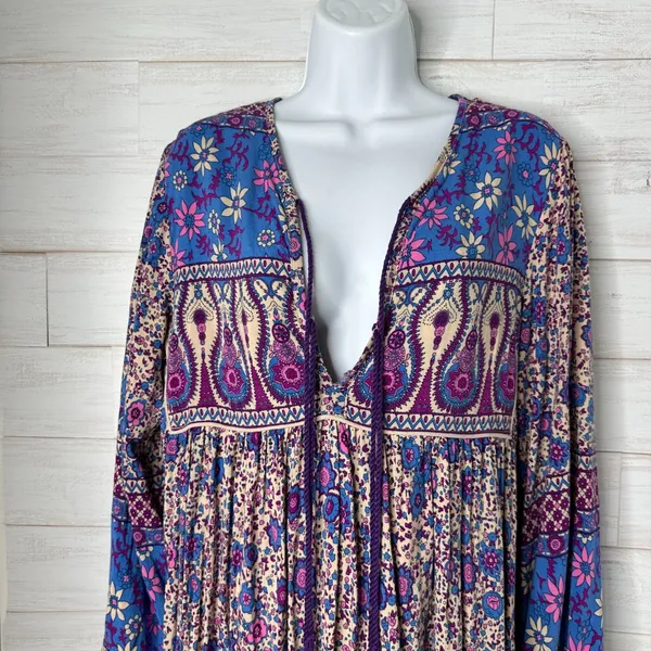 Womens Long Sleeve Floral Print Retro V Neck Tassel Midi Dress Size Medium 8/10 - Image 2