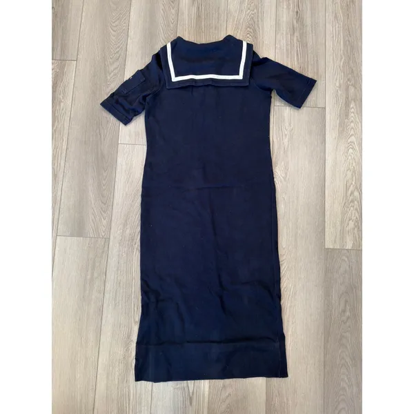 VTG Lauren Ralph Lauren Old Money Marine Ribbed Knit Cotton Maxi Dress Navy S - Image 4