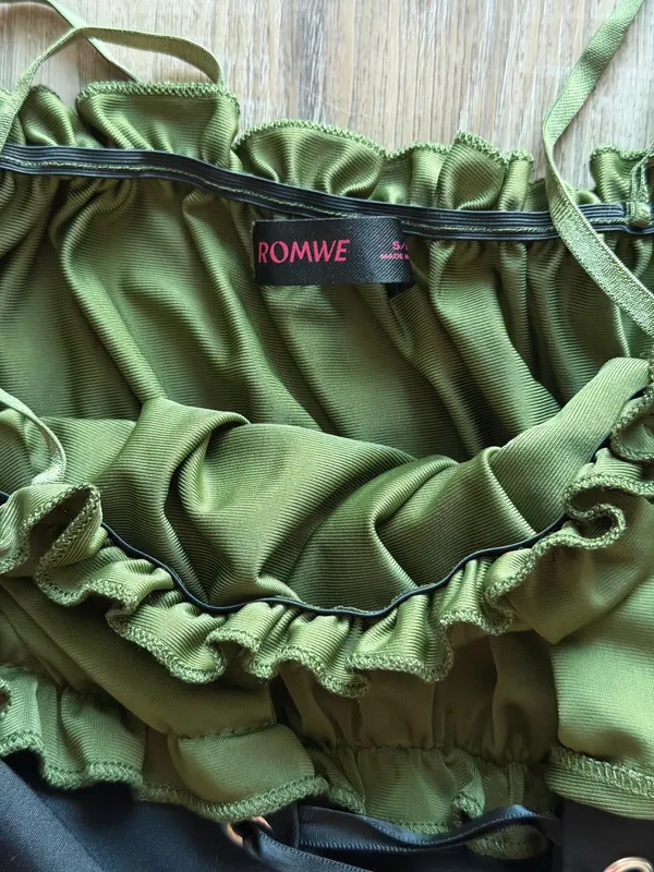 Romwe Olive Green Black Lace Up Bell Sleeve Renaissance Cottagecore Dress Size S - Image 4