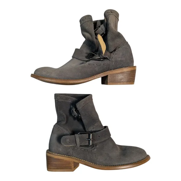 Musse & Cloud Gray Suede Double Buckle Pull On Engineer Biker Moto Boots Sz 6 - Image 2