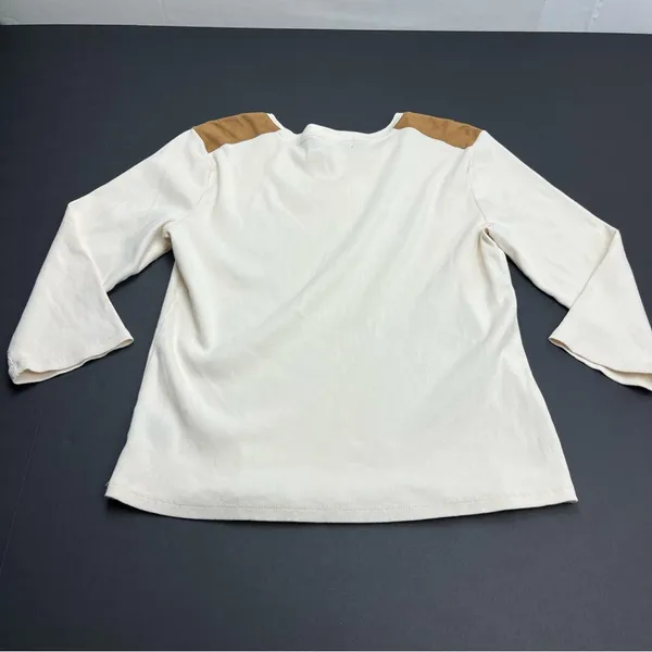 Lauren Ralph‎ Lauren Ribbed Top Cream Brown Faux Suede Patch Medium Western FLAW - Image 11
