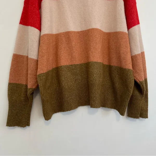 A NEW DAY Slouchy Crewneck Pullover Sweater Red Beige Orange Colorblock Striped - Image 12