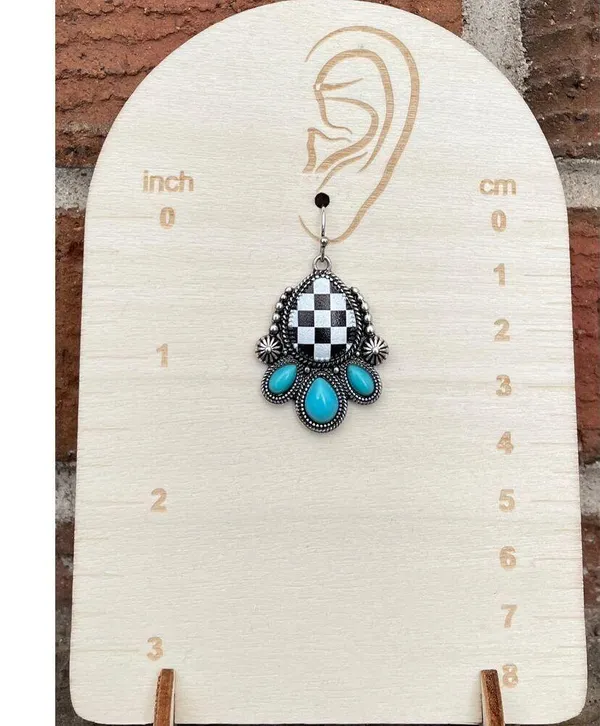 Checkerboard Faux Leather Teardrop Earrings with Turquoise - Image 2