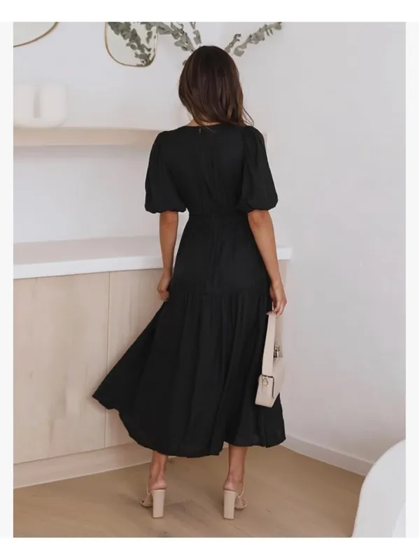 NEW Short Puffy Sleeve V Neck A-Line Flowy Wrap Wedding Guest Lined Dress S - Image 7