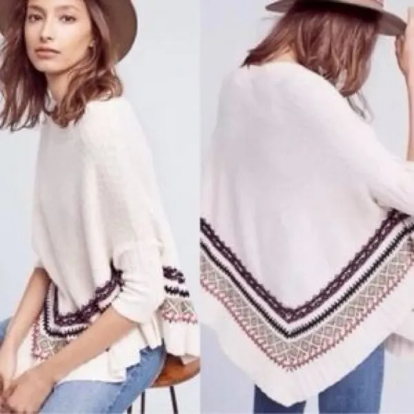 ANTHROPOLOGIE X Sleeping in Snow Woodland Fair Isle Pullover Poncho Size XS/S - Image 3